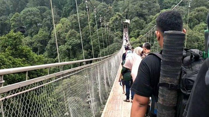 Wisatawan melintasi Suspesion Bridge yang terletak di kawasan wisata Situ Gunung, Sukabumi, Jawa Barat