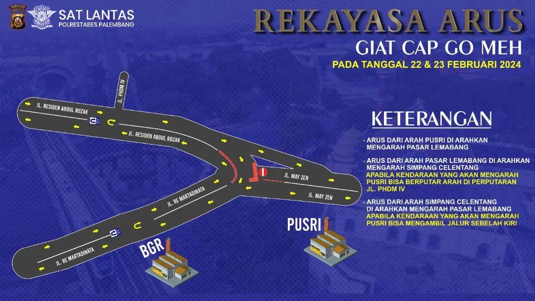 Rekayasa lalu lintas Cap Go Meh Palembang 2024. Guna kelancaran lalu lintas saat perayaan Cap Go Meh di Palembang 2024, dilakukan rekayasa lalu lintas. (Instagram/lantas_palembang)