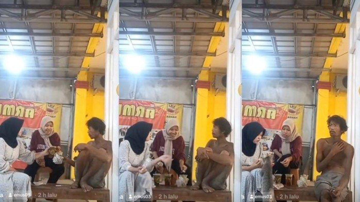 2 Gadis Berhijab Terlihat Santai Duduk Bersama ODGJ