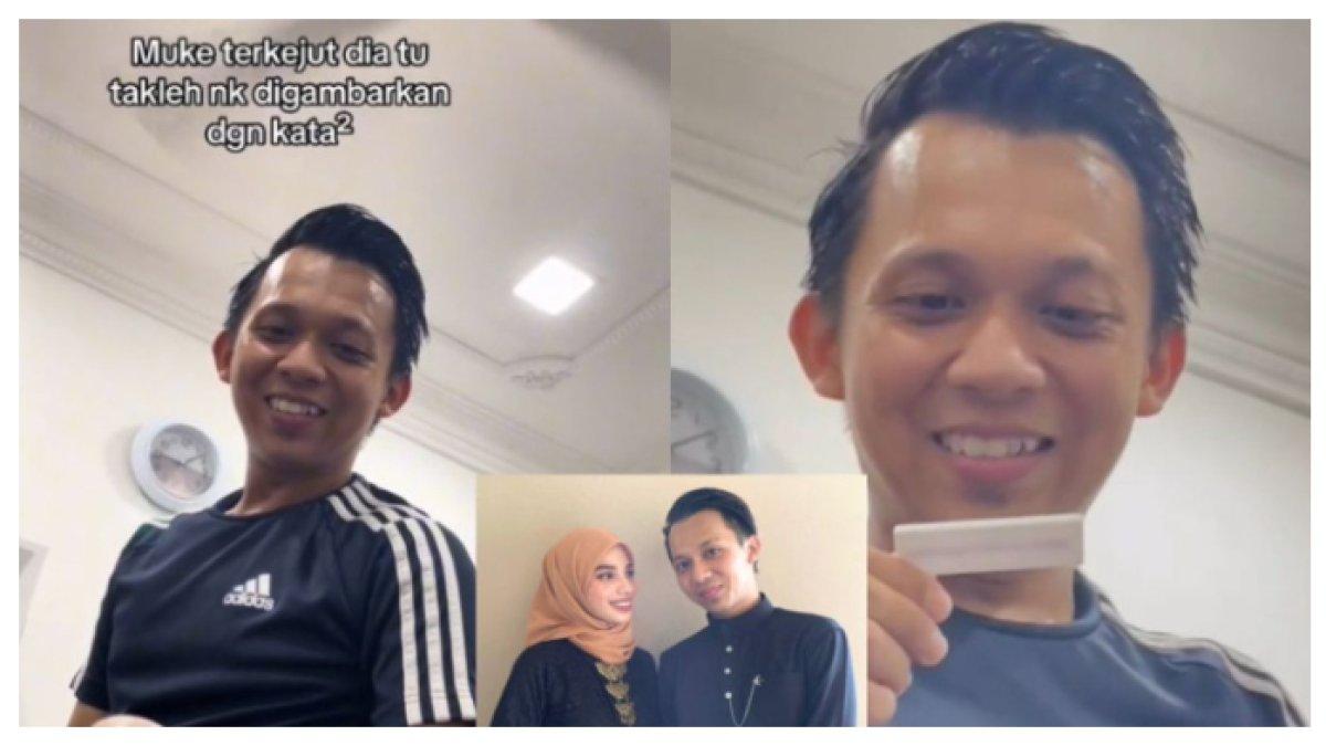 Momen istri memberi tahukan kalau positif hamil ke suaminya, sangat bahagia.