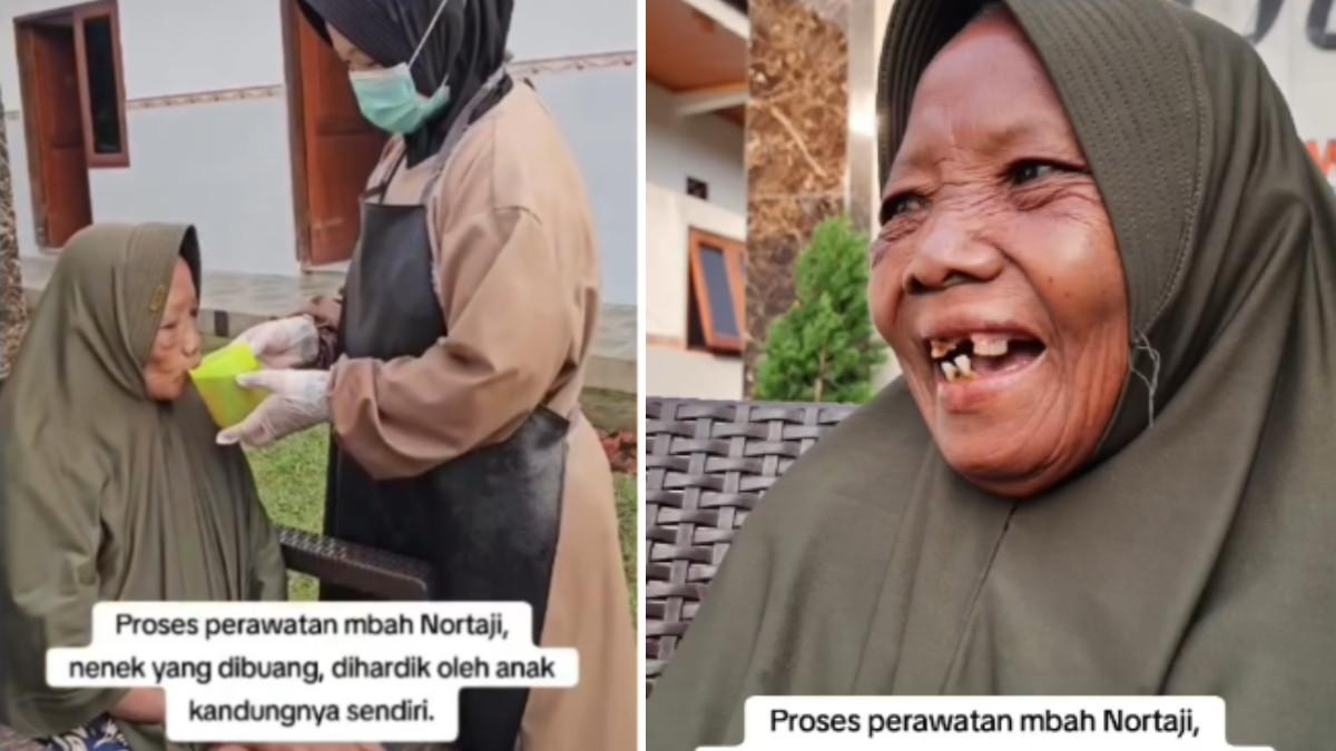 ANAK BUANG IBU - Momen Mbah Nortaji tersenyum usai dapat perawatan di Griya Lansia Malang. Foto diolah dari Instagram pada 27 Juli 2025.