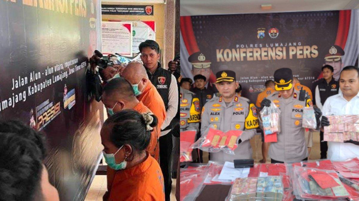 ART GONDOL EMAS,- Sindikat pencuri emas saat dipaparkan dalam rilis di Polres Lumajang. Para tersangka memperdayai majikannya dengan ilmu hitam untuk mendapat barang miliaran rupiah guna memperkaya diri.
Siasat Solikha, Asisten Rumah Tangga atau ART di Lumajang, Jawa Timur yang nekat menggondol emas milik majikan senilai Rp16 miliar.
