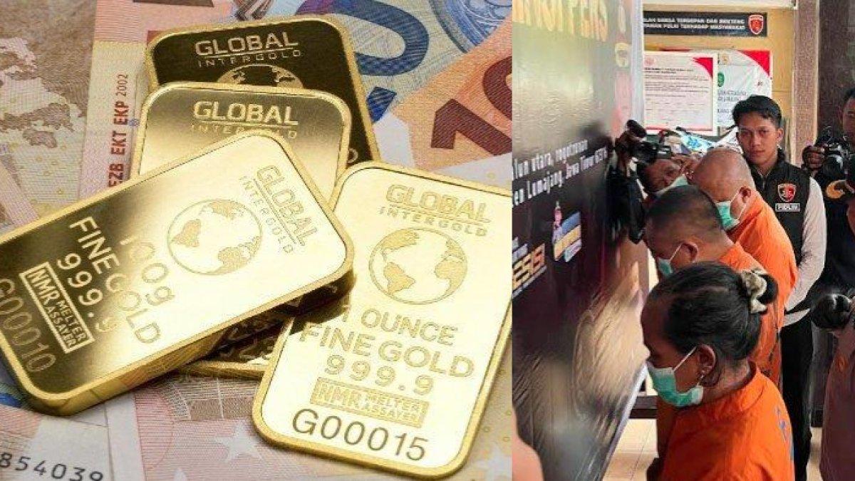 ART GONDOL EMAS,- Sindikat pencuri emas saat dipaparkan dalam rilis di Polres Lumajang. Para tersangka memperdayai majikannya dengan ilmu hitam untuk mendapat barang miliaran rupiah guna memperkaya diri.