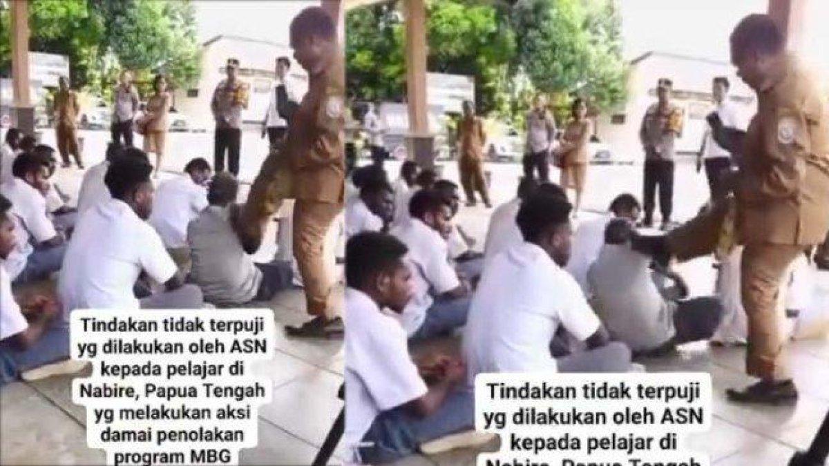ASN TENDANG PELAJAR - Tangkapan layar video seorang Sekretaris Disdik Kabupaten Nabire, Provinsi Papua Tengah yang bernama Viktor Tebai diduga menendang siswa SMP di Nabire gara-gara ikut demo tolak program makan bergizi gratis (MBG), Senin (17/2/2025). Viktor pun langsung memberikan klarifikasi terkait aksinya tersebut.