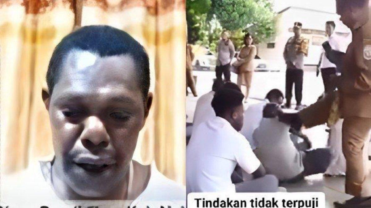 ASN TENDANG SISWA - Tangkapan layar video oknum PNS melakukan gerakan menendang ke arah siswa SMP di Nabire gara-gara ikut demo tolak program makan bergizi gratis pada Senin (17/2/2025). Sosok oknum PNS yang aniaya pelajar di Papua jadi sorotan. Tangkapan layar TikTok @weak03aluak
