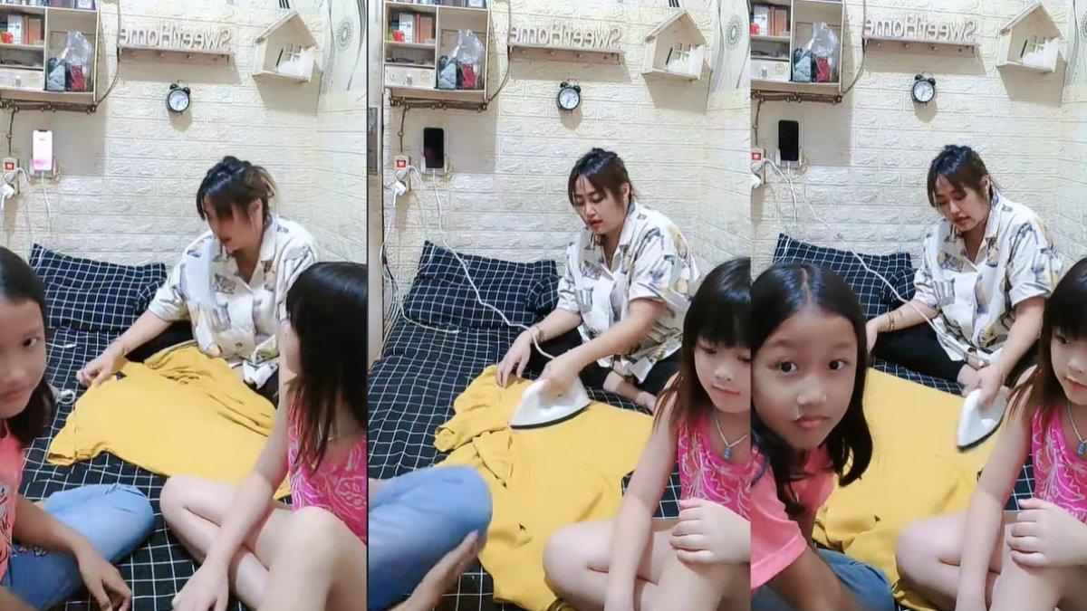 Aktivitas Pinkan Mambo setrika baju di kamar suami