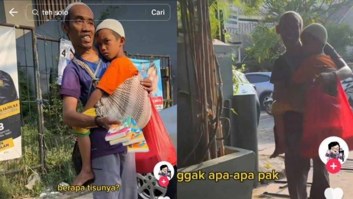Alam, seorang pedagang tisu keliling rela gendong anak sambil cari nafkah.