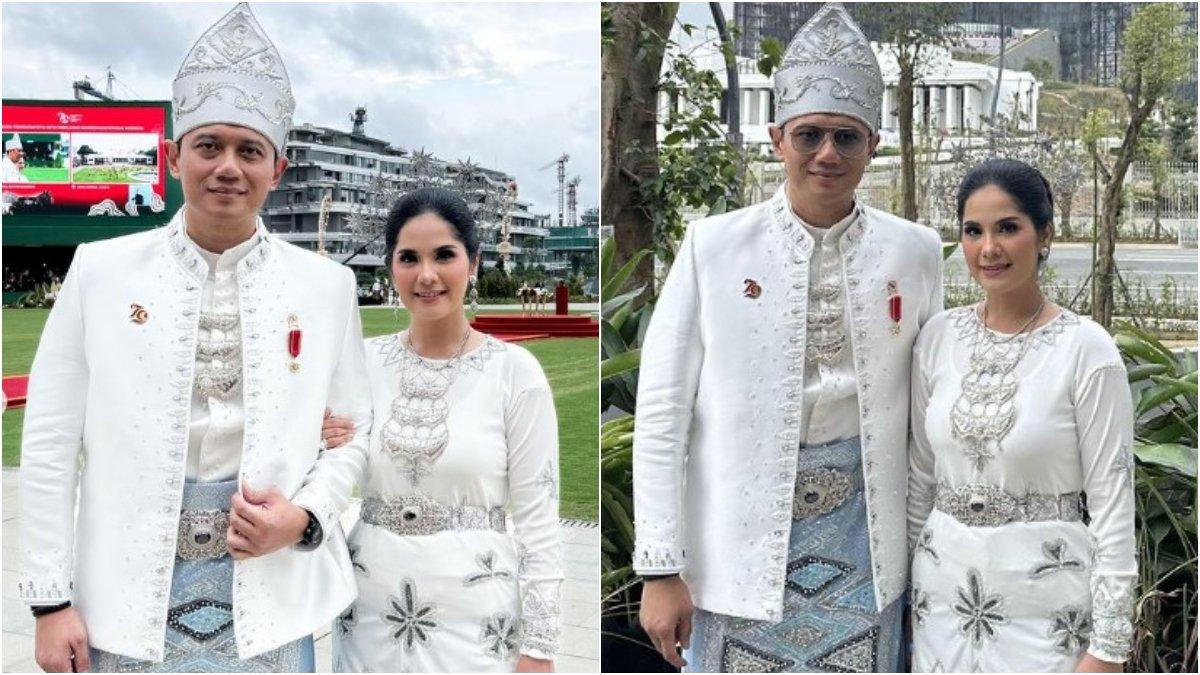 Annisa Pohan dan suaminya Agus Harimurti Yudhoyono (AHY) saat mengikuti upacara di IKN.