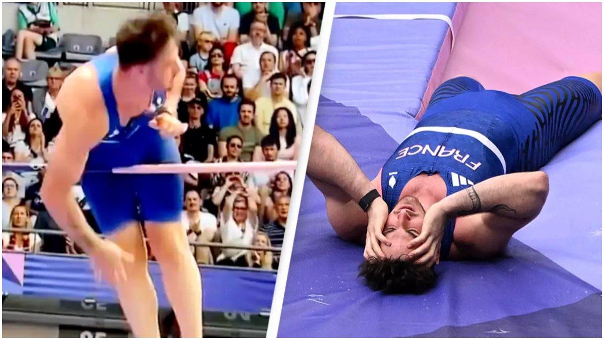 Anthony Ammirati berkompetisi dalam kualifikasi lompat galah putra di Olimpiade Paris, gagal gegara alat vital tersangkut.