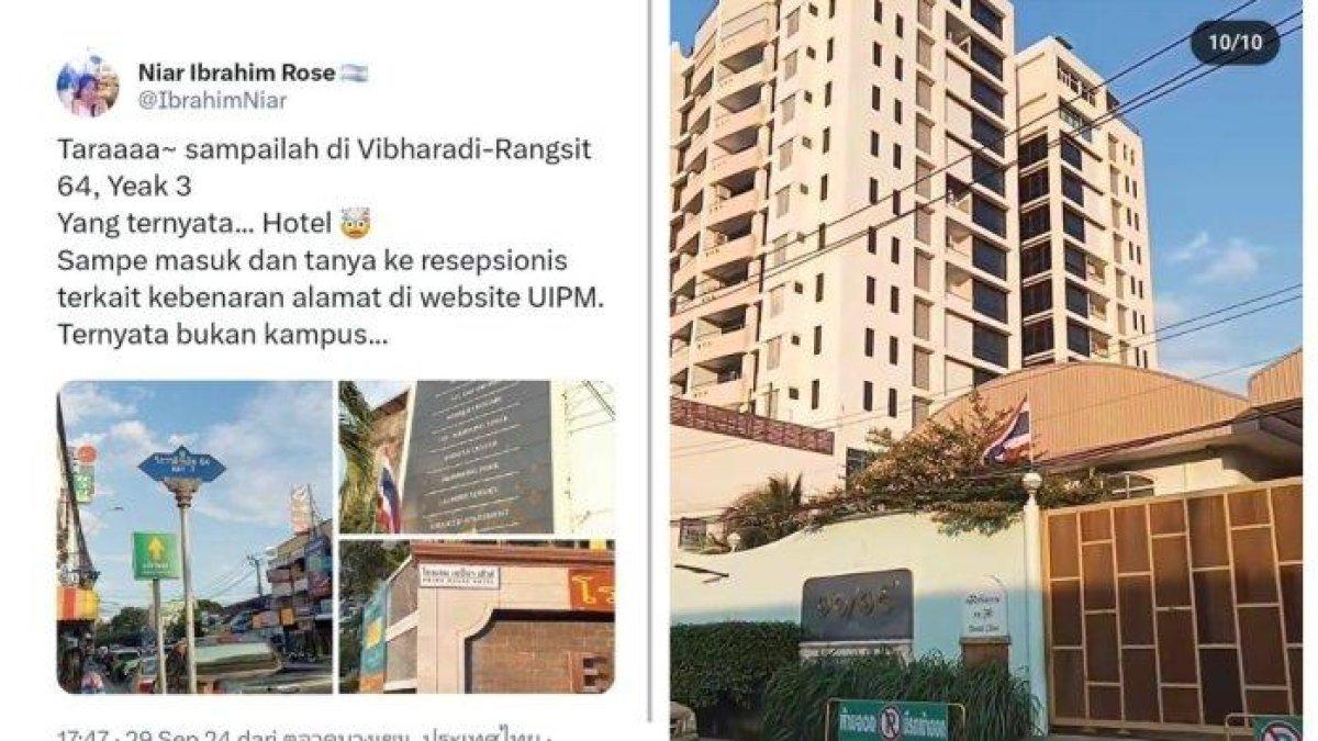 Apartemen yang awalnya dikira kampus UIPM Thailand, perguruan tinggi di Kota Bangkok yang memberikan gelar Doktor Honoris Causa kepada Raffi Ahmad (kanan) dan Ibrahim Niar, netizen Indonesia di Thailand yang kepo dengan lokasi kampus UIPM.