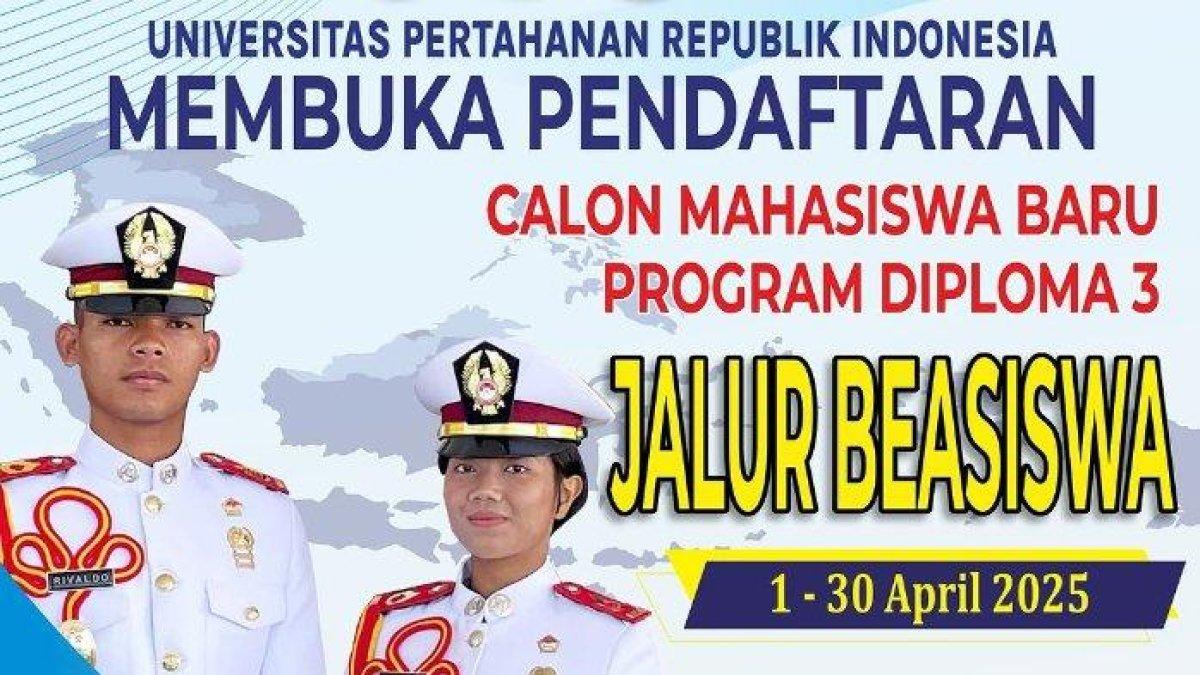 BEASISWA D3 UNHAN - Grafis penerimaan mahasiswa baru Universitas Pertahanan (Unhan) diambil dari Instagram @unhan_ri pada Kamis (10/4/2025). Unhan buka penerimaan mahasiswa baru program vokasi (D3) melalui jalur beasiswa, pendaftaran dibuka mulai 1-30 April 2025.