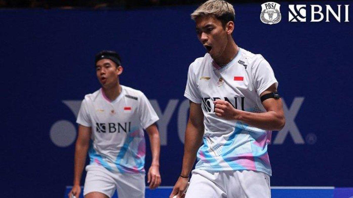 Bagas/Fikri - Selebrasi Bagas Maulana/Shohibul Fikri ketika berhadapan dengan Satwiksairaj Rankireddy/Chirag Shetty (India) di All England 2024.