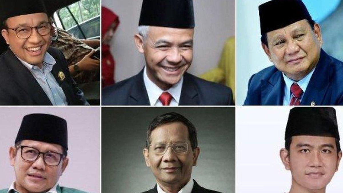 Bakal Capres-Cawapres 2024 - Atas: Anies Baswedan, Ganjar Pranowo, Prabowo Subianto. Bawah: Muhaimin Iskandar, Mahfud MD, Gibran Rakabuming Raka.