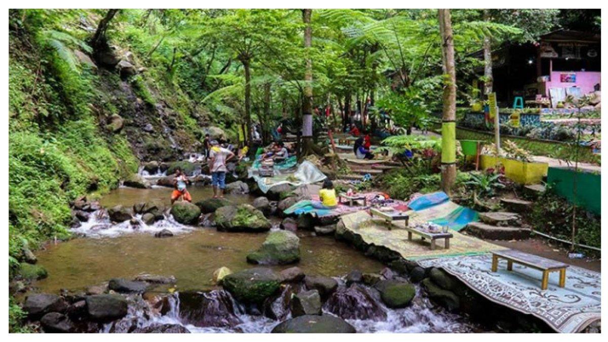 BISA MAKAN DI TEPI SUNGAI - Air Terjun Jumog menawarkan suasana sejuk dengan aliran air jernih, dikelilingi pepohonan rindang. Pengunjung bisa bersantai dan makan di tepi sungai.