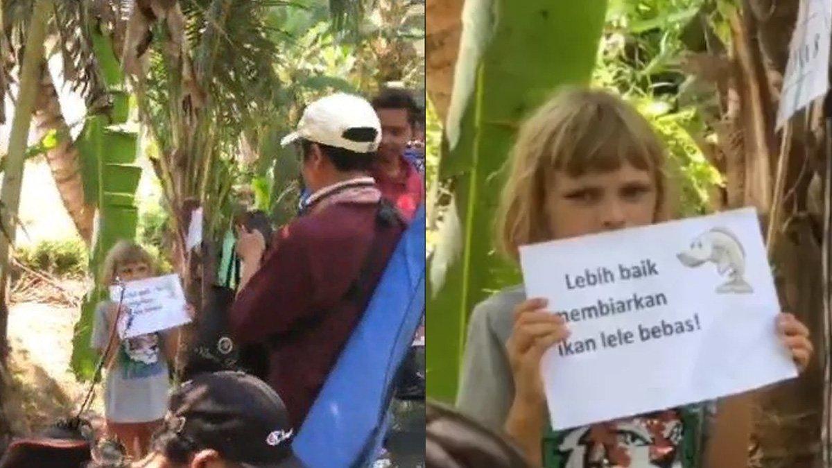 Bocah bule protes ke pemancing ikan lele di Bali.
