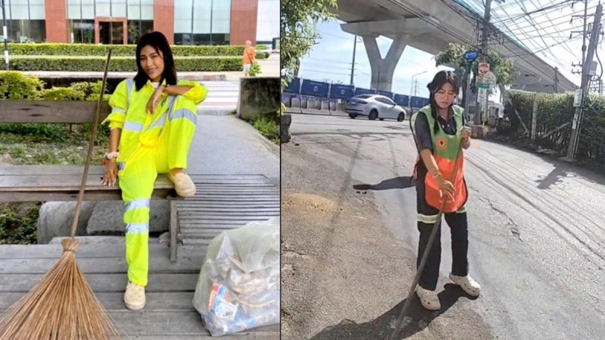 Bow tengah bekerja sebagai tukang sapu jalanan