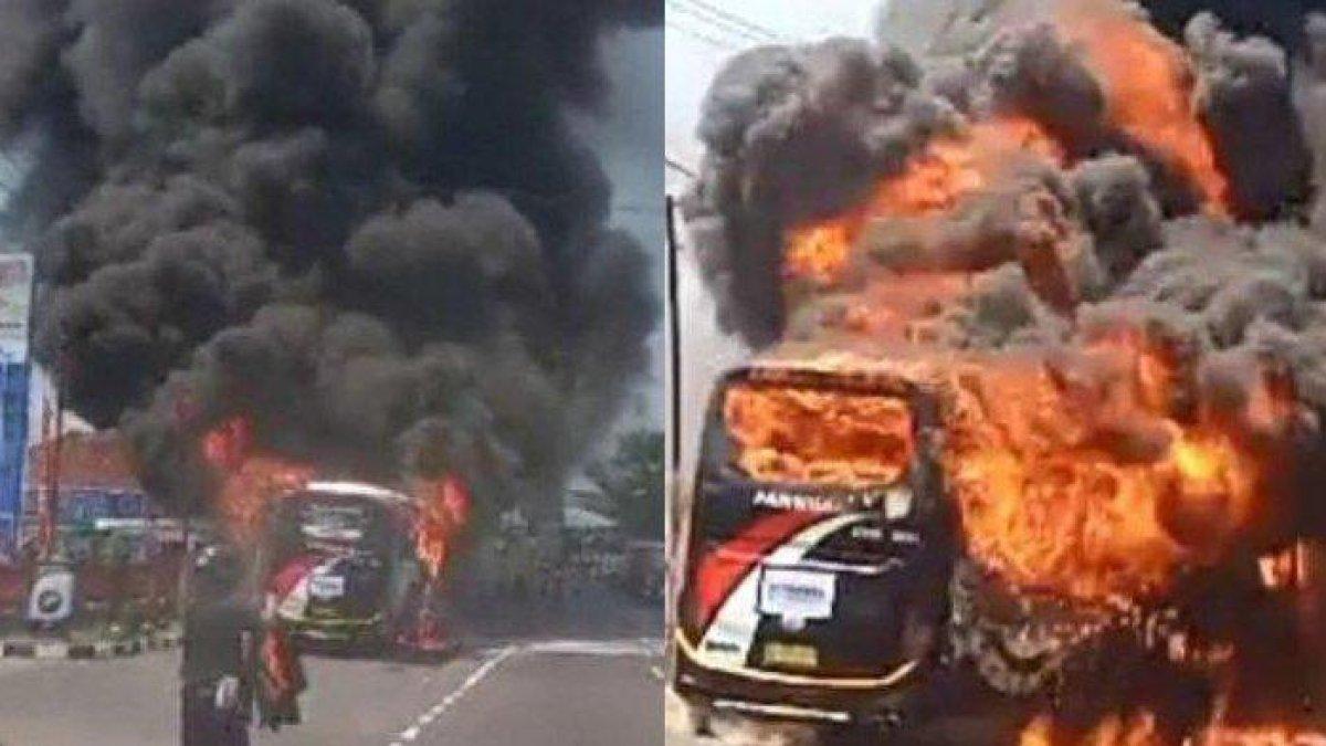 Bus dari Jakarta yang angkut 34 penumpang terbakar di depan SPBU Tambakmekar, Kecamatan Jalancagak, Subang, Jawa Barat Sabtu (28/10/2023).
