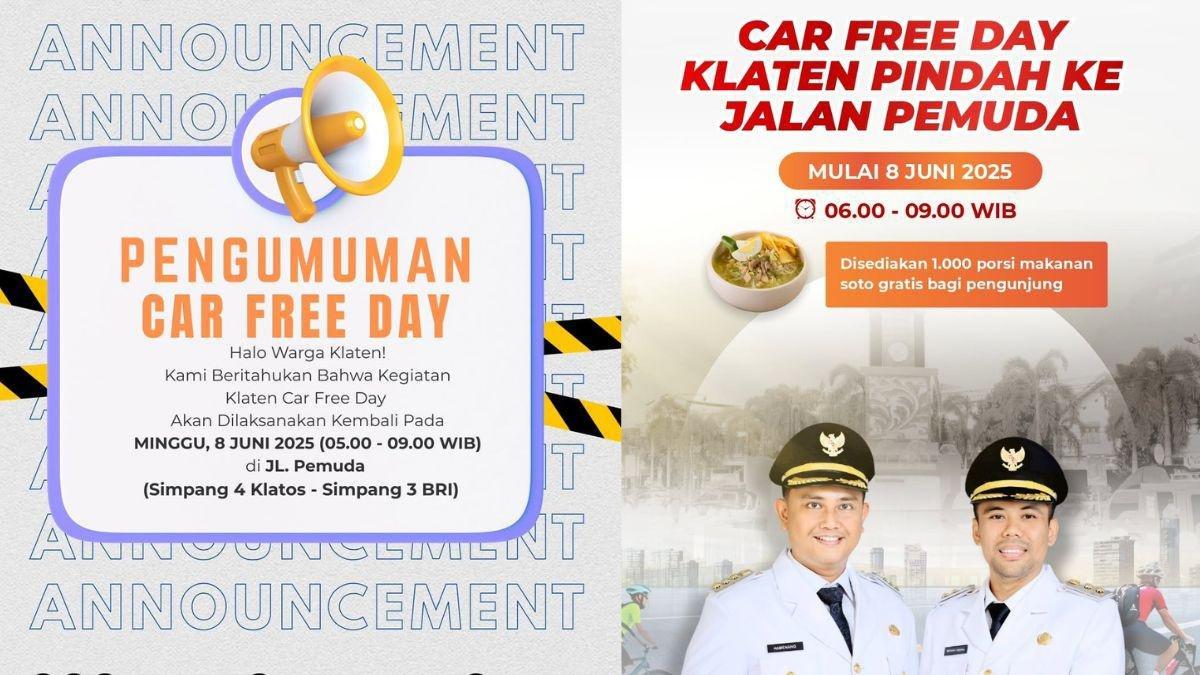 CFD KLATEN - Pemkab Klaten menggelar Car Free Day di Jalan Pemuda pada Minggu 8 Juni 
2025. Sumber Instagram resmi Prokopim Setda Kabupaten Klaten @humaskabklaten  @dishubklaten
