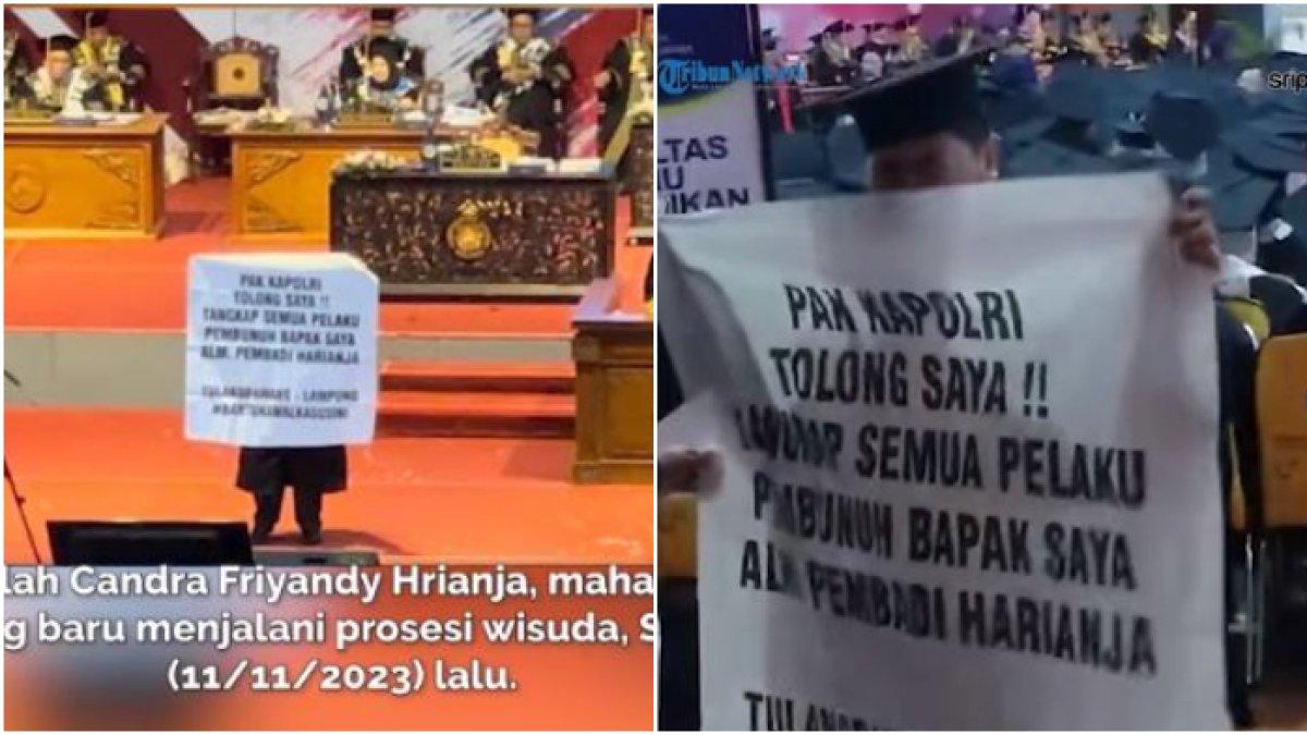 Candra sempat menangis usai bentangkan spanduk minta kematian ayahnya diusut