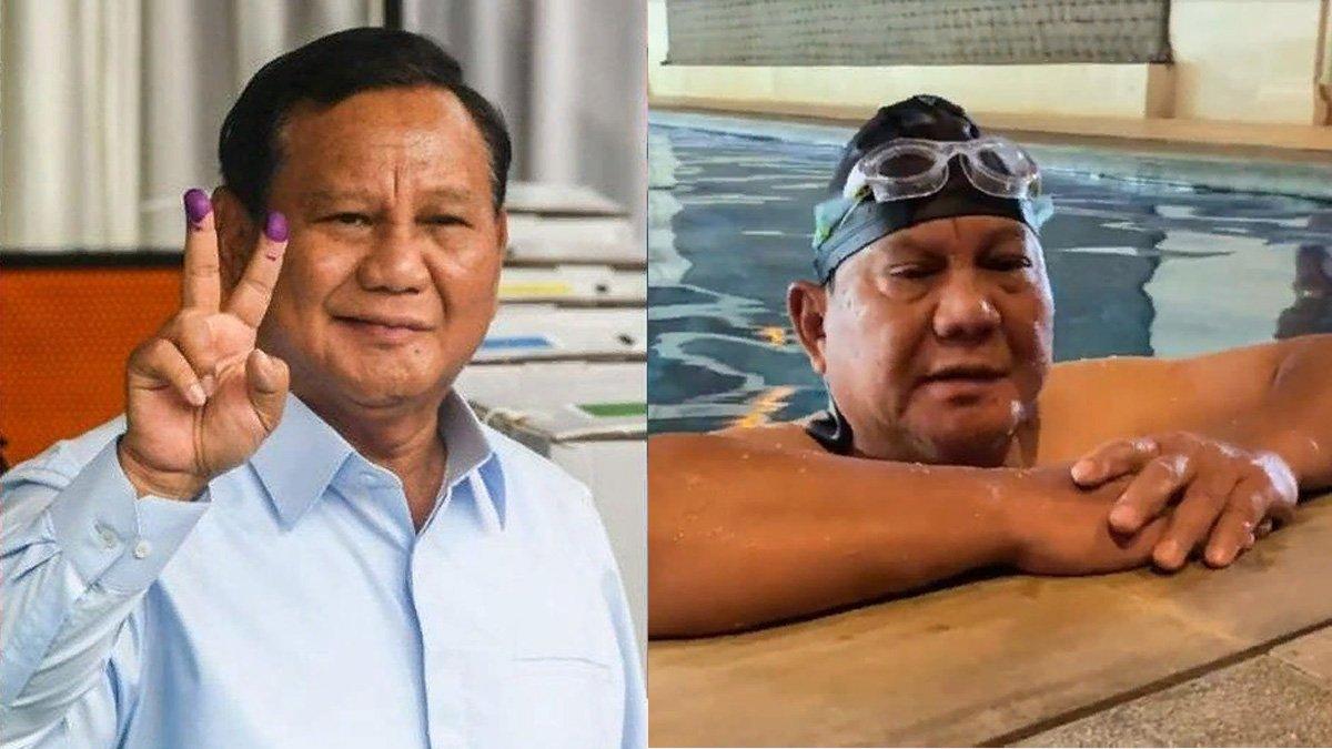 Capres nomor urut 2 Prabowo Subianto berenang usai mencoblos di rumahnya di Hambalang, Bogor, Rabu (14/2/2024).