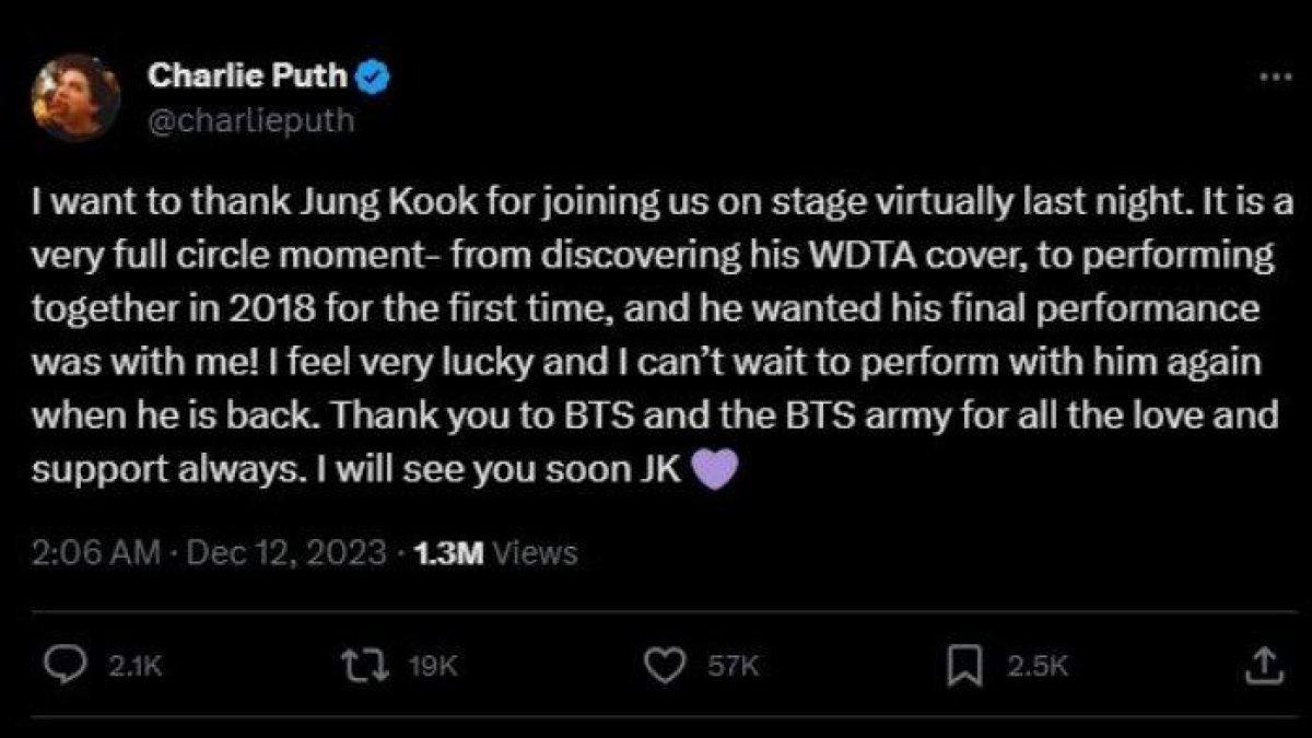 Charlie Puth melalui aplikasi X (sebelumnya Twitter) menuliskan pesan yang merefleksikan persahabatannya dengan Jungkook BTS.