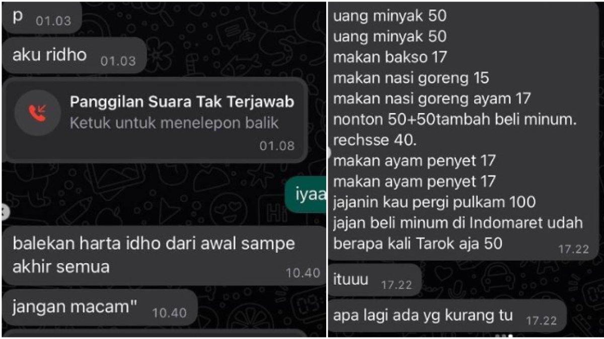 Chat pria ke mantan pacar, minta uang bensin hingga uang jajan selama pacaran diganti