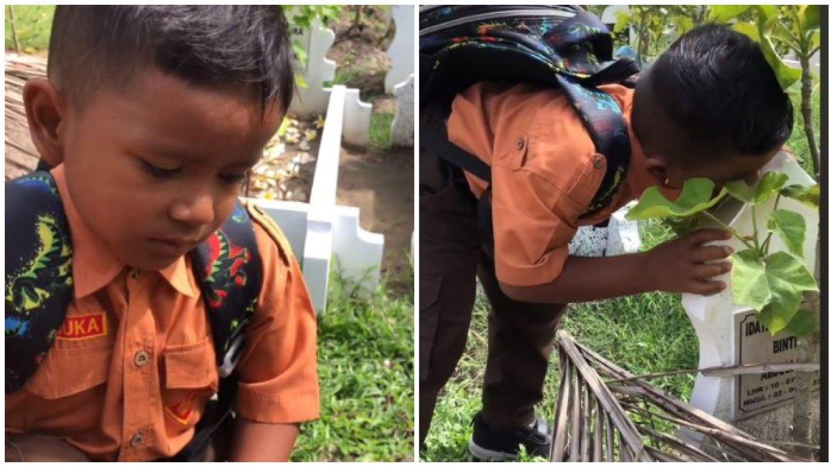 Curhat di makam ibunya, bocah ini cerita baru saja jatuh dan ingin masuk pesantren
