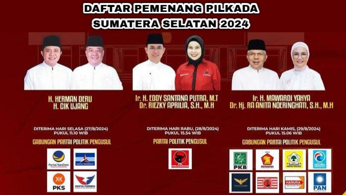 Daftar lengkap pemenang Pemilihan Kepala Daerah (Pilkada) 2024 di Sumatera Selatan mulai dari tingkat provinsi, kota, kabupaten.