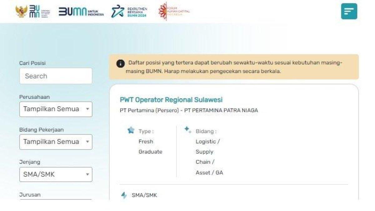 Daftar lowongan Rekrutmen Bersama BUMN 2024 bagi lulusan SMA atau SMK. Lengkap dengan syarat dan cara daftar Rekrutmen Bersama BUMN 2024.