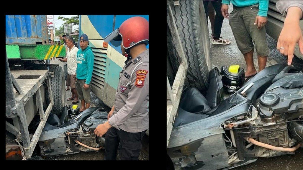 Detik-detik motor Bripda Handoko jadi ganjal roda bus