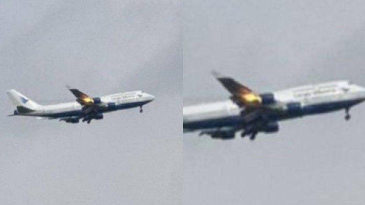 Detik-detik pesawat Garuda Indonesia tipe Boeing 747-412 bernomor penerbangan GIA 1105 terbakar saat terbang dari Bandara Internasional Sultan Hasanuddin Makassar di Maros, Sulsel menuju Bandar Udara Internasional Pangeran Mohammad bin Abdulaziz, Madinah, Arab Saudi, Rabu (15/5/2024) sore.