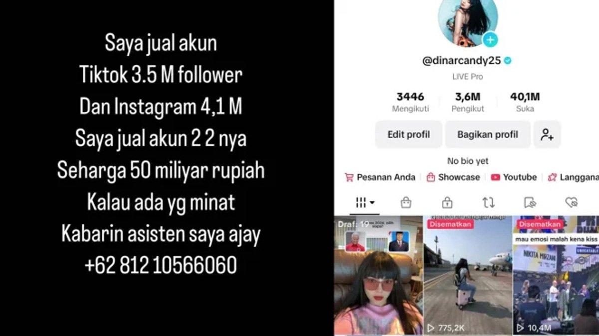 Dinar Candy ingin jual akun sosial medianya Rp 50 miliar.