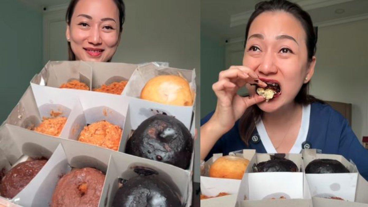 DONAT PINKAN MAMBO - Tangkapan layar salah satu TikToker @nanakoot mencoba review donat Pinkan Mambo. Seperti ini wujud barang dagangan Pinkan Mambo yang dijual Rp180 ribu per kotak.