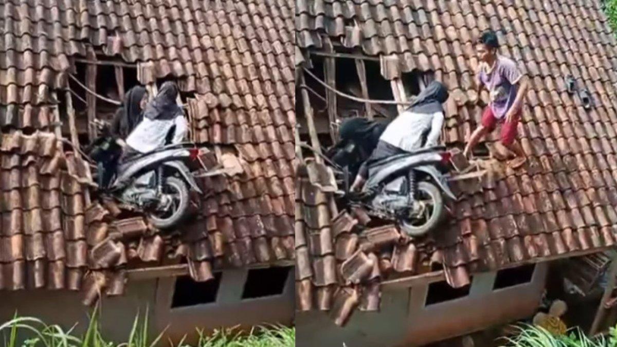 Dua siswi SD di Tasikmalaya kecelakaan, motor nyungsep di atap rumah warga