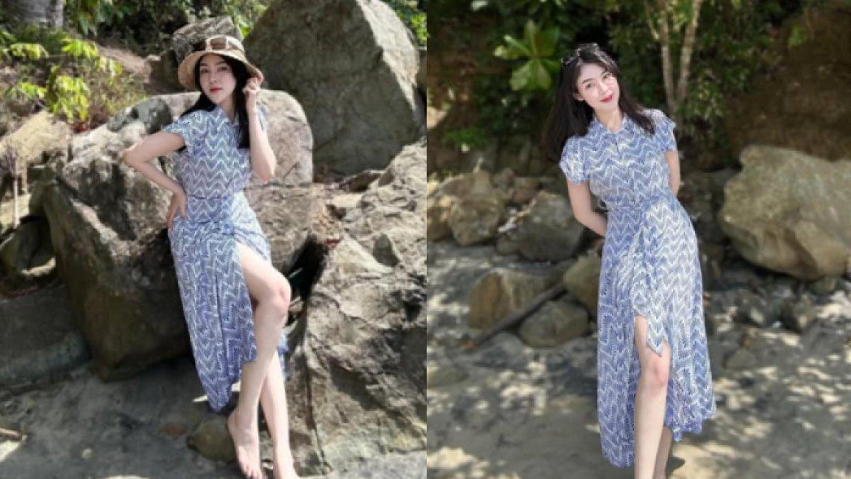 Eby Veronica ketika liburan ke pantai.