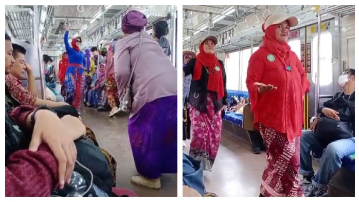 Momen emak-emak fashion show di KRL, penumpang cuek hingga ada yang tidur