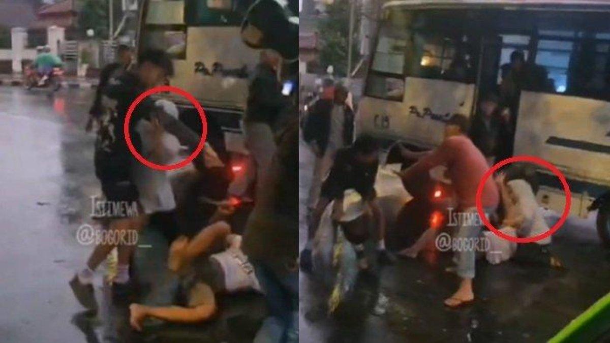 Emak-emak Lindungi Sopir Bus Pusaka yang Dikeroyok Pengamen