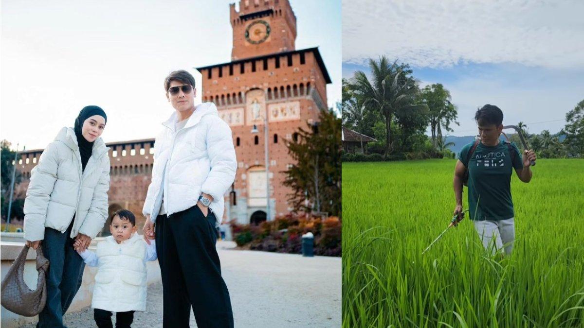 Endang Mulyana ayah Lesti Kejora sedang mengurus sawah di desa