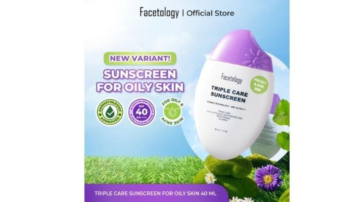 SUNSCREEN DENGAN NIACINAMIDE - Foto produk Facetology Triple Care Sunscreen SPF 40 PA+++ diolah dari situs facetology.id, Jumat (14/2/2025). Berikut rekomendasi sunscreen dengan kandungan niacinamide yang bisa mencerahkan kulit.
