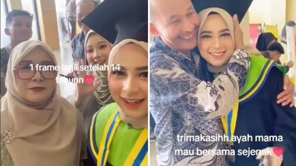 Fadillah foto bersama dengan ayah dan ibu yang sudah 14 tahun cerai saat wisuda.