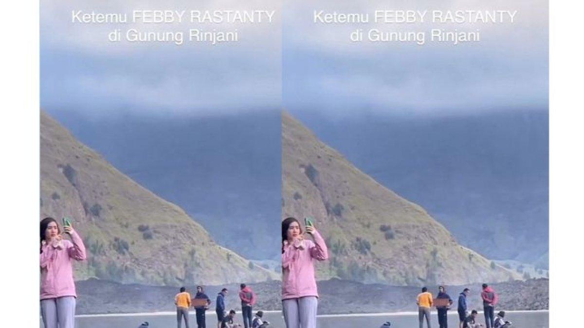 MOMEN KETEMU ARTIS - Foto Febby Rastanty naik Gunung Rinjani, diolah dari TikTok.com @sipaling_pendakii, Senin (27/5/2025).  Intip momen tak terduga ketemu artis.