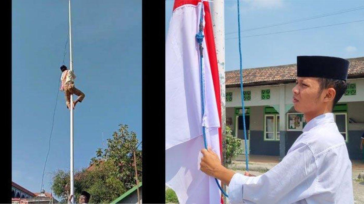 Foto-foto Sakha Ardiansyah, santri Gresik yang viral panjat tiang bendera saat Upacara HUT Ke-78 RI