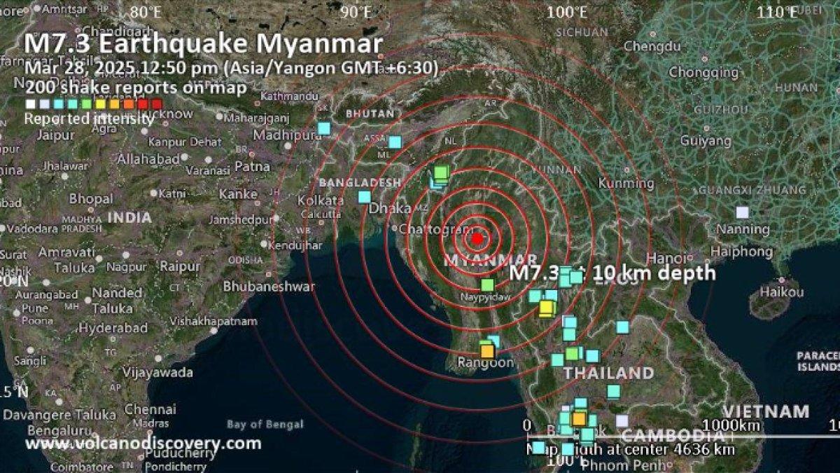 GEMPA MYANMAR 7,7 MAG,- Detik-detik gempa bumi mengguncang Myanmar yang getarannya terasa hingga Bangkok, Thailand, dan Yunnan, China. (KIRI) Peta getaran gempa.