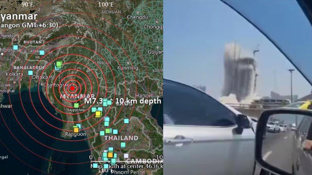 GEMPAR MYANMAR 7,7 MAG,- Detik-detik gempa bumi mengguncang Myanmar yang getarannya terasa hingga Bangkok, Thailand, dan Yunnan, China. (KIRI) Peta getaran gempa. (KANAN) Gedung pencakar angit yang dedang dibangun di Bangkok runtuh setelah gempa berkekuatan 7,7 Mag melanda Myanmar,