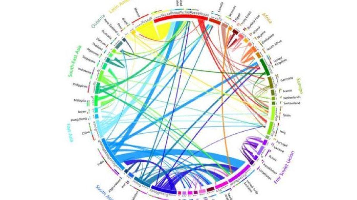 SOAL OSN GEOGRAFI - Gambar arus migrasi antara 50 negara pengirim dan penerima teratas selama periode lima tahun dari 2005 hingga 2010 yang muncul dalam contoh soal OSN Geografi 2025, diambil dari bpti.kemdikbud.go.id, Kamis (17/4/2025).
