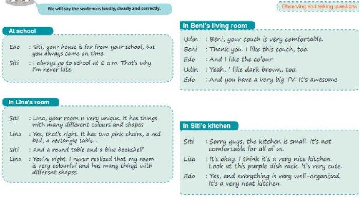 Gambar dialog halaman 106-107 dalam kunci Jawaban Bahasa Inggris Kelas 7 SMP Kurikulum 2013 untuk bagian observing and asking questions halaman 108 Chapter 5 It’s a Beautiful Day! buku Bahasa Inggris When English Rings a Bell.