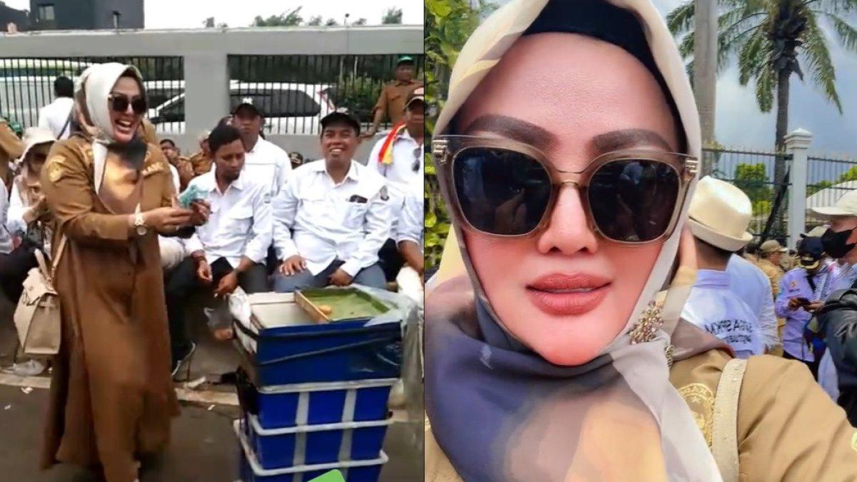 Gaya Wiwin Komalasari saat ikut demo di DPR