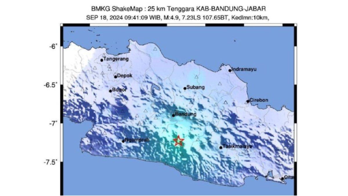 Gempa bumi Magnitudo 5,0 melanda Kabupaten Bandung, Jawa Barat pada Rabu (18/9/2024) pagi.