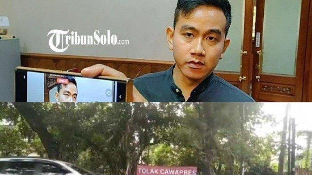 Calon wakil presiden (cawapres) nomor urut 2, Gibran Rakabuming Raka (atas) dan Spanduk berlatar merah dengan tulisan tolak Cawapres asam sulfat mejeng di beberapa titik di Kota Medan (bawah).