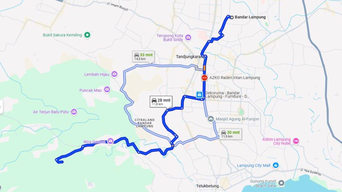 Google Map rute Kota Bandar Lampung ke Farmora